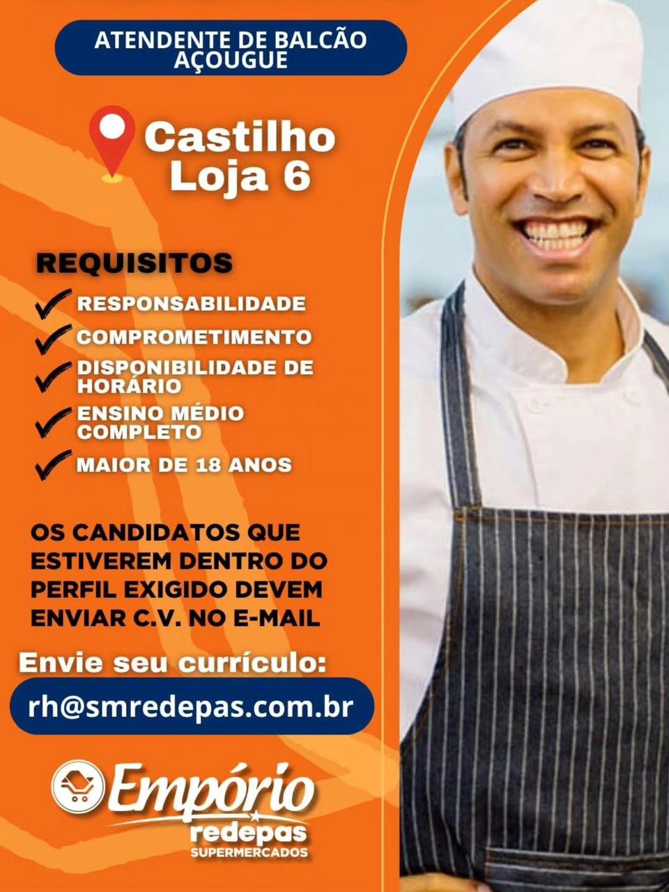 Empório Redepas abre vaga para atendente de balcão de açougue em Castilho