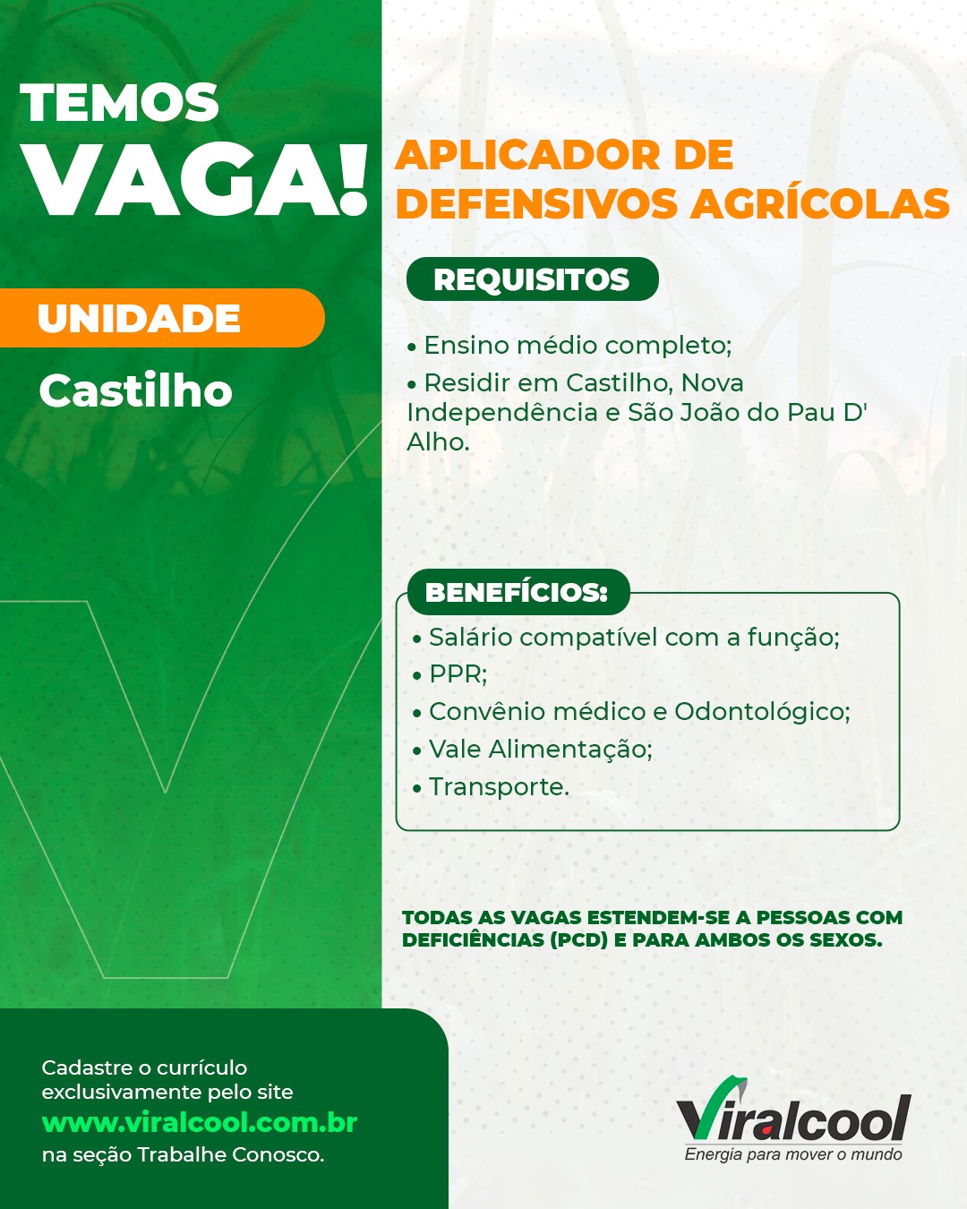 Viralcoool abre vaga para Aplicador de Defensivos Agrícolas em Castilho