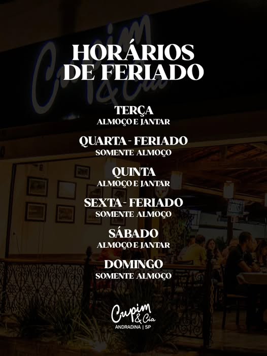 Restaurante Cupim & Cia divulga horários especiais de atendimento para o feriado prolongado em Andradina