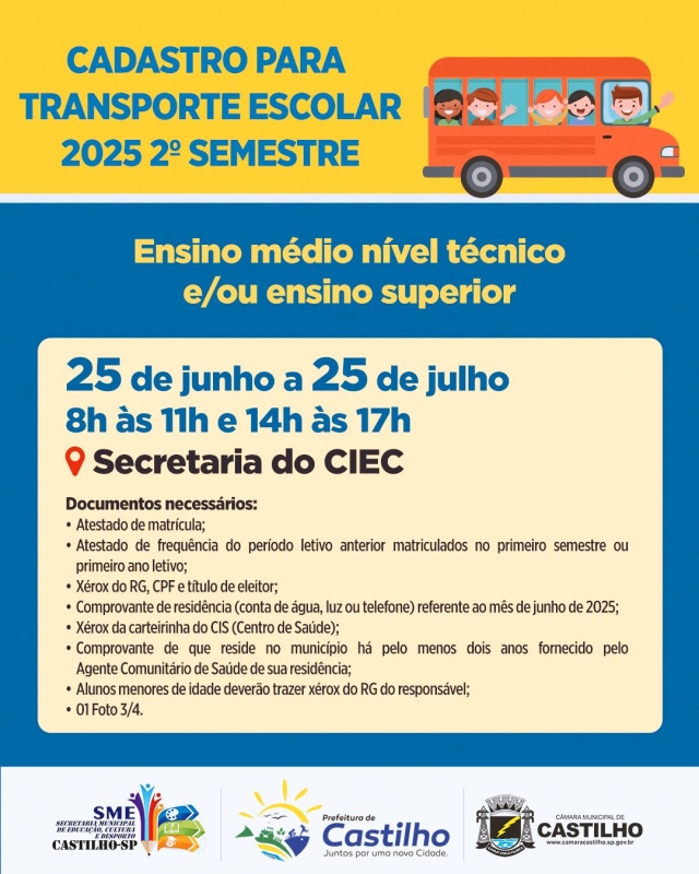 Última semana para cadastro do passe escolar em Castilho