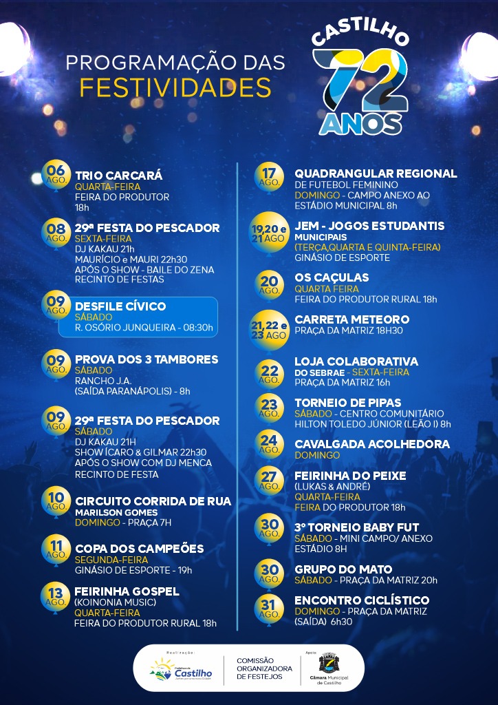 Castilho celebra 72 anos com programação repleta de cultura, esporte e música