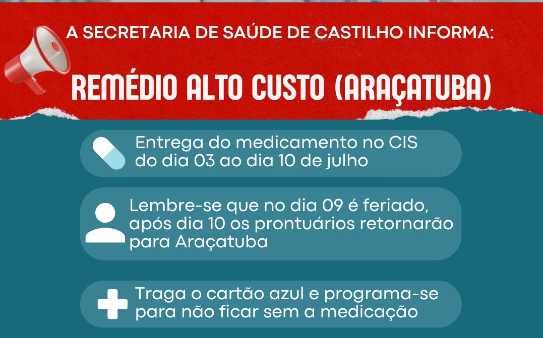 Castilho realiza entrega de medicamentos de alto custo entre os dias 3 e 10 de julho no CIS