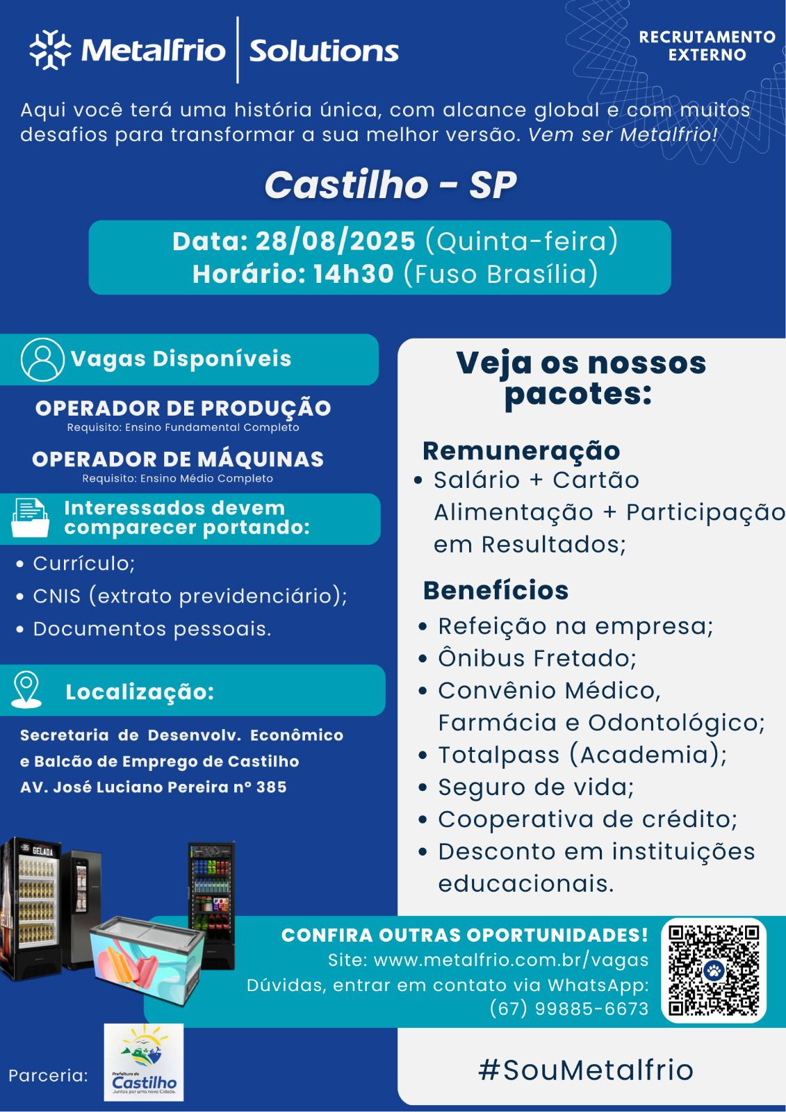 Metalfrio Solutions abre processo seletivo em Castilho para operadores de produção e máquinas