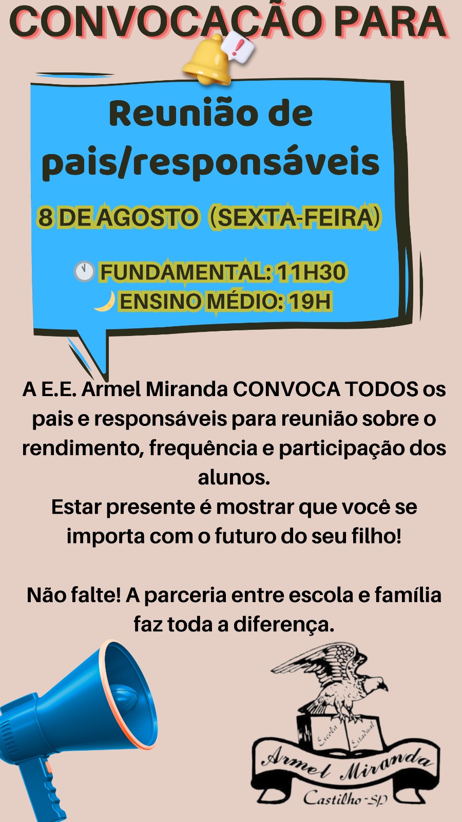 Escola Armel Miranda convoca pais e responsáveis para reunião nesta sexta-feira, 8 de agosto