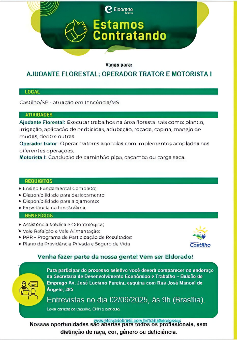 Eldorado Brasil abre vagas de emprego para atuação em Inocência/MS com entrevistas em Castilho
