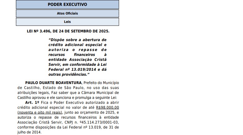 Prefeitura de Castilho sanciona lei que autoriza repasse de R$ 98 mil à Associação Cristã Servir