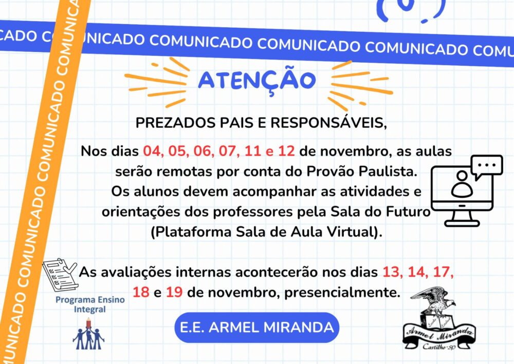 E.E. Armel Miranda anuncia aulas remotas e cronograma de avaliações em novembro
