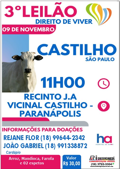 3º Leilão Direito de Viver será realizado em Castilho em prol do Hospital de Amor
