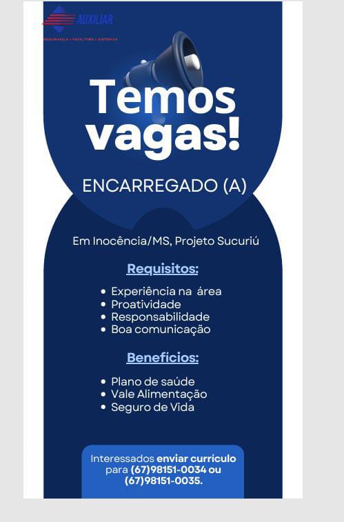 Inocência (MS) tem novas oportunidades de emprego!