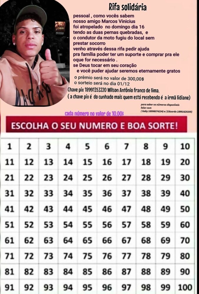 Jovem atropelado em Andradina tem as duas pernas quebradas; família organiza rifa solidária