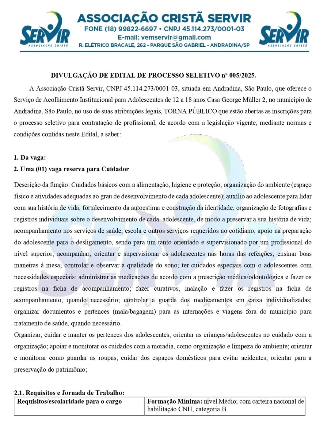 Associação Cristã Servir abre processo seletivo para cuidador em Andradina
