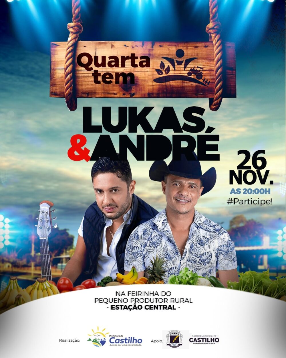 Sertanejo ao vivo na Estação Central: Lukas & André animam a Feirinha do Pequeno Produtor Rural nesta quarta-feira (26), em Castilho
