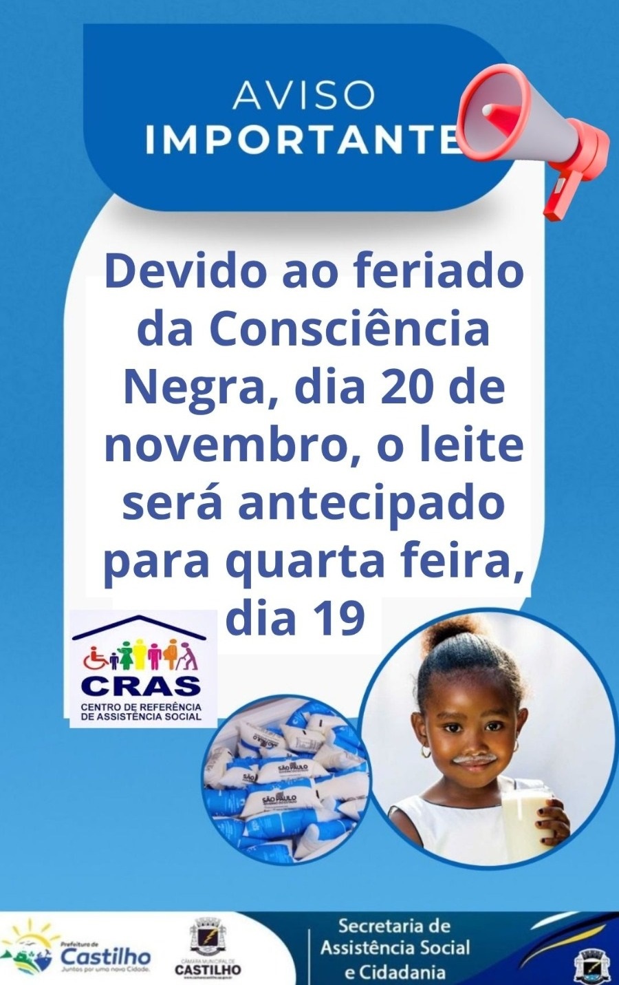 Castilho antecipa entrega do leite para esta quarta-feira (19) devido ao feriado da Consciência Negra