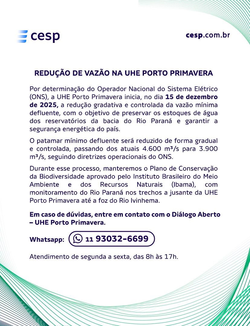 CESP anuncia redução gradual da vazão na UHE Porto Primavera a partir de 15 de dezembro