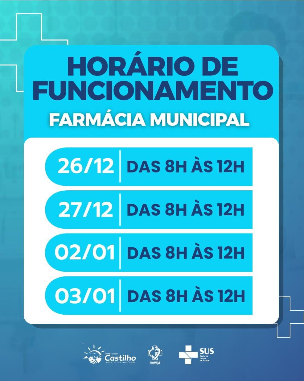 Farmácia Municipal terá horários especiais após o Natal e Ano Novo em Castilho