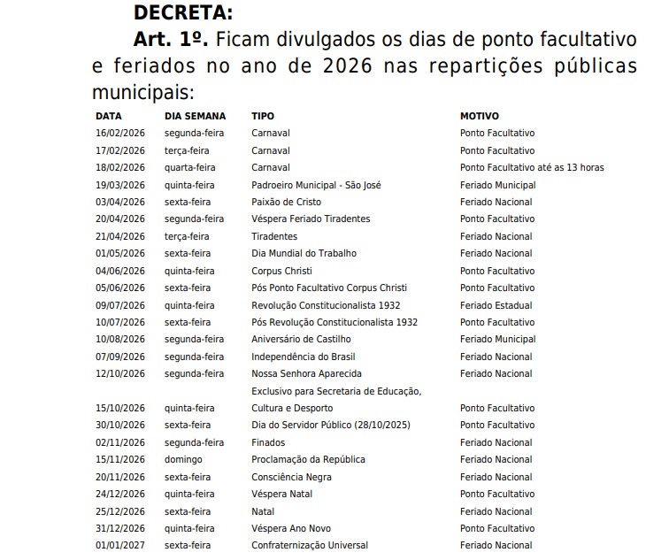 Castilho divulga feriados e pontos facultativos de 2026