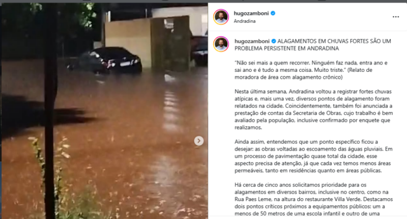 Antes do temporal, vereador alertou para alagamentos crônicos em Andradina