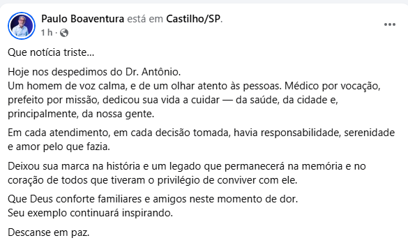 Paulo Boaventura lamenta morte de Dr. Antônio