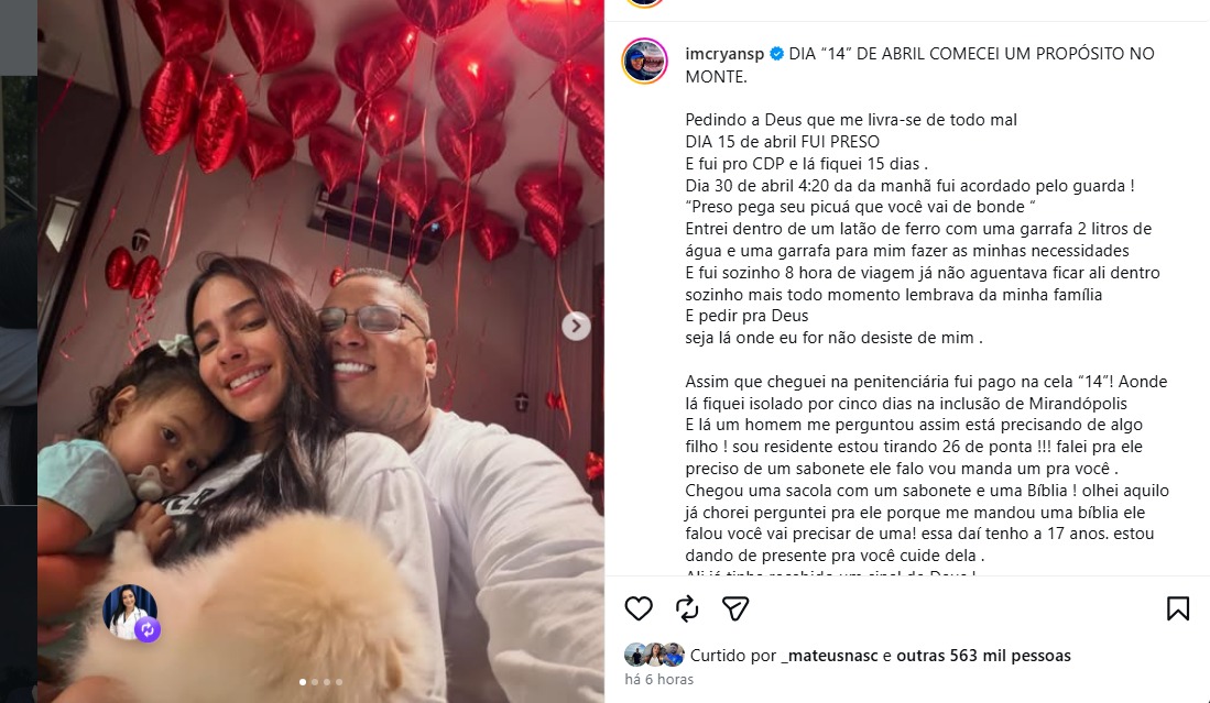 Mc Ryan emociona seguidores com carta sobre prisão