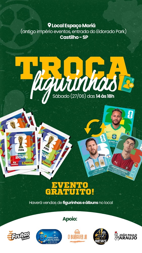 Castilho recebe encontro gratuito para troca de figurinhas da Copa do Mundo FIFA 2026 neste sábado