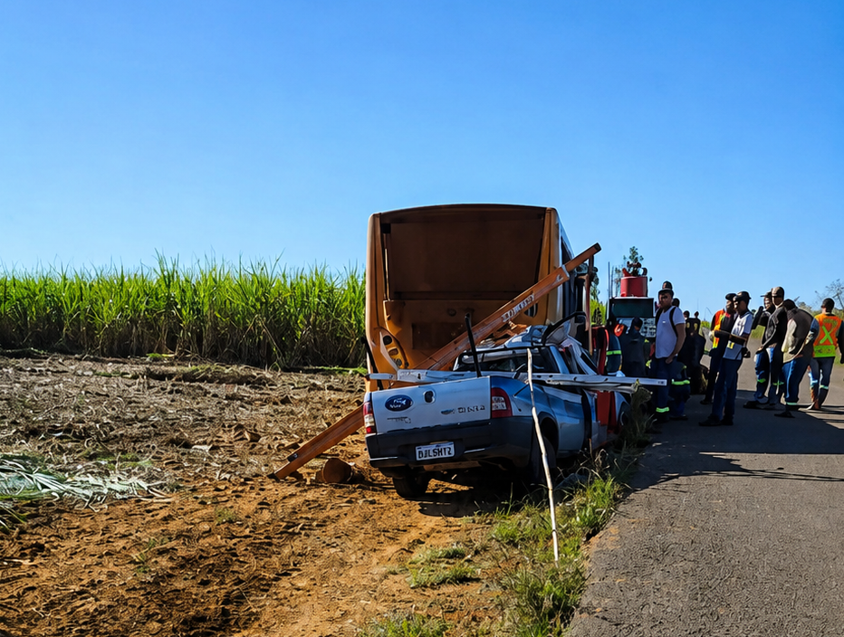 Dois trabalhadores morrem após Saveiro atingir ônibus rural da Viralcool em vicinal de Tupi Paulista