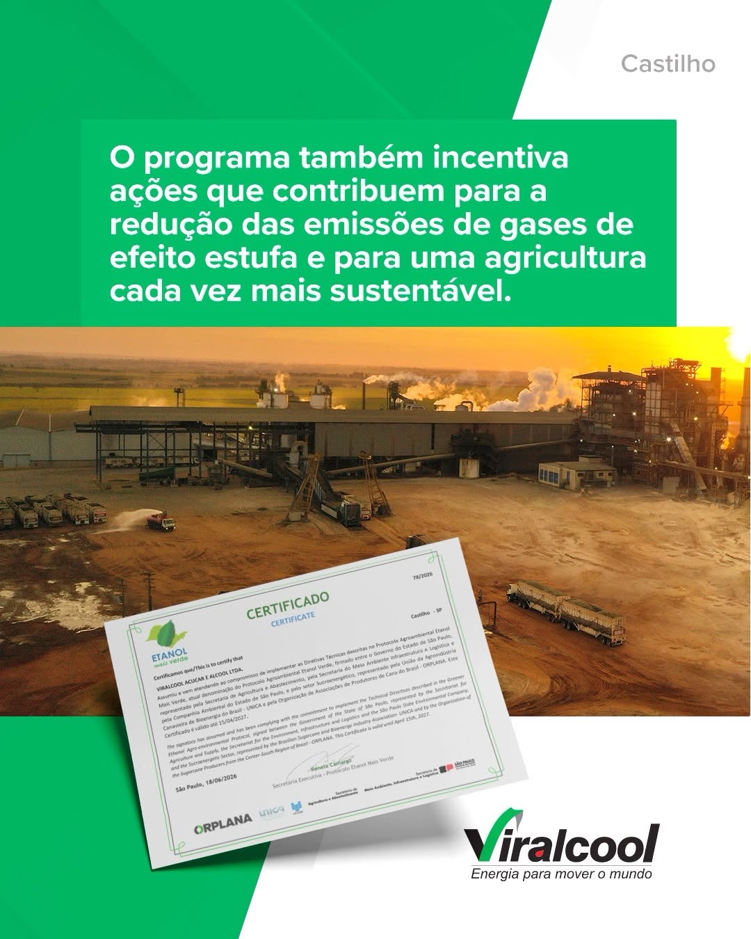 Viralcool renova Certificado Etanol Mais Verde 2026 em todas as unidades e reforça compromisso com a sustentabilidade